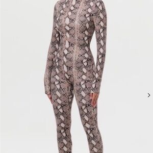 naked wardrobe Snake Print Long Sleeve Jumpsuit in Taupe Black